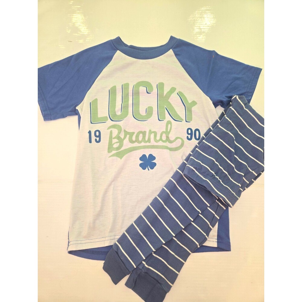 Lucky Brand Boys 2pc Pajama Set Size 10 Blue/White/Green Logo Crew Striped